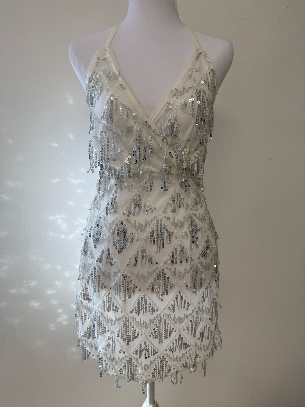 SHEIN White Silver Sequin Fringe V-Neck Mini Dress